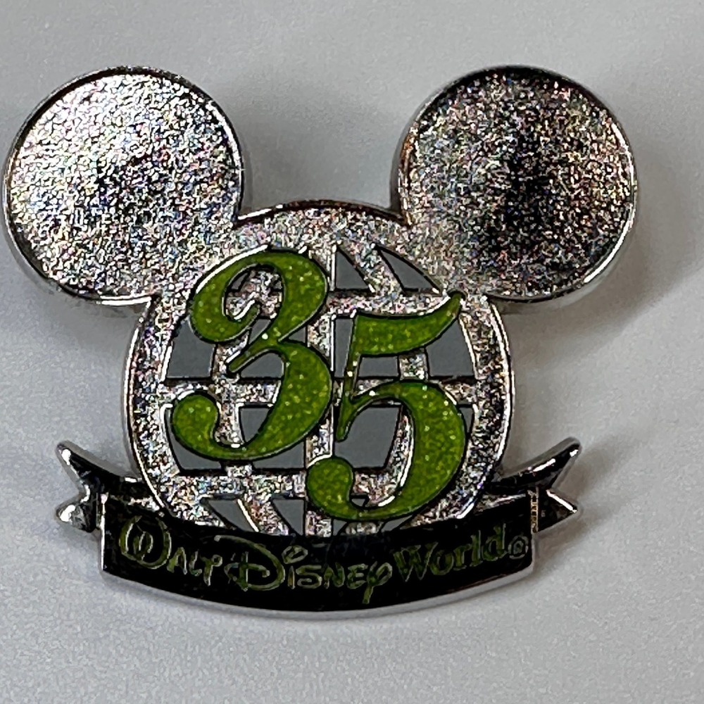 VINTAGE Walt Disney World 35th Anniversary Mickey Pin Silver Glitter Green 2006